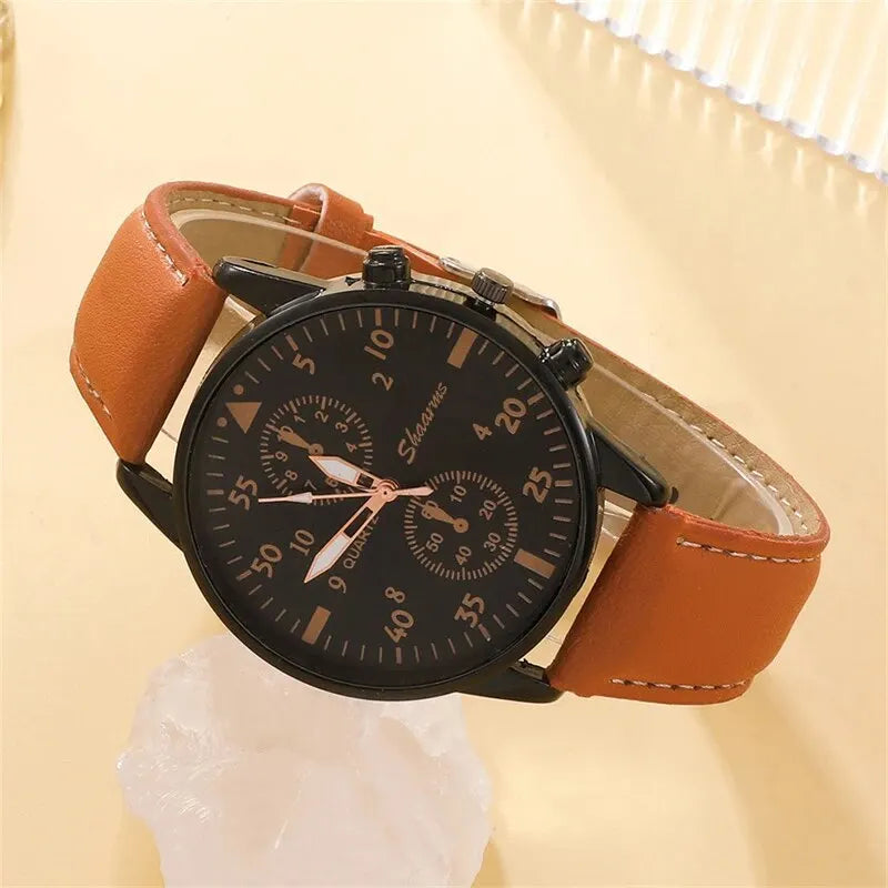 New Men Watch Luxury Bracelet Set Fashion Business Brown Leather Quartz Wrist Watches for Men Gift Set Relogio Masculino--ANDROMEDA QUINNS | AURELLE'S-ANDROMEDA QUINNS | AURELLE'S