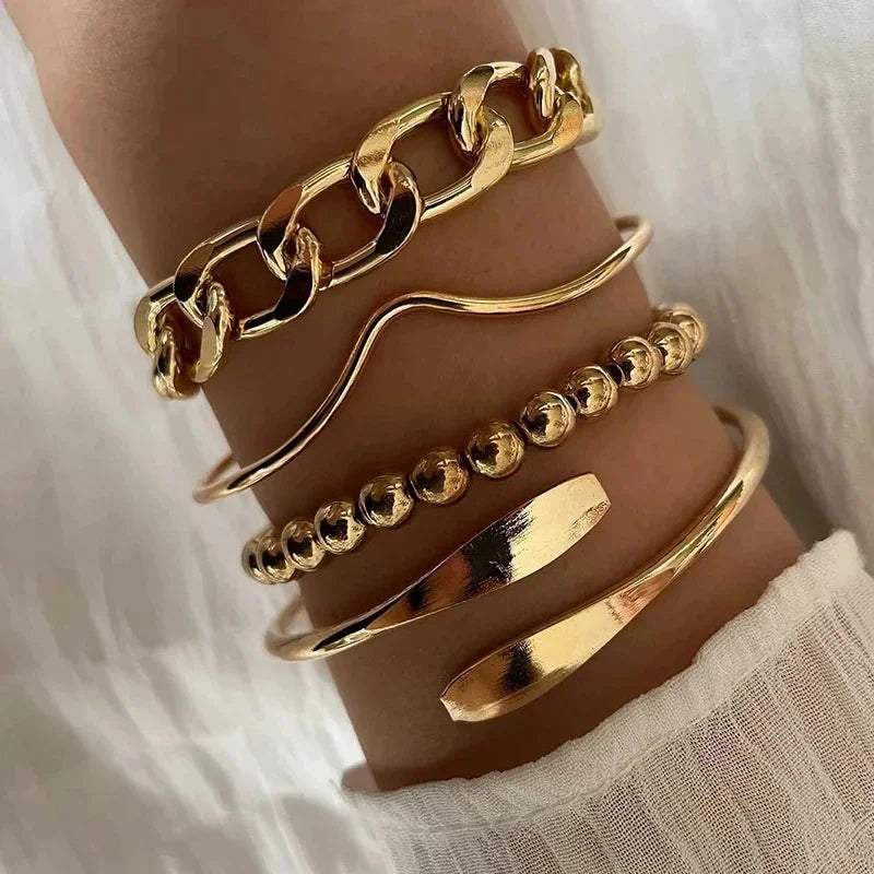 4pcs Punk Curb Cuban Chain Bracelets Set for Women Simple Thick Gold Color Charm Bracelets Fashion Jewelry Accessories New--ANDROMEDA QUINNS | AURELLE'S-ANDROMEDA QUINNS | AURELLE'S