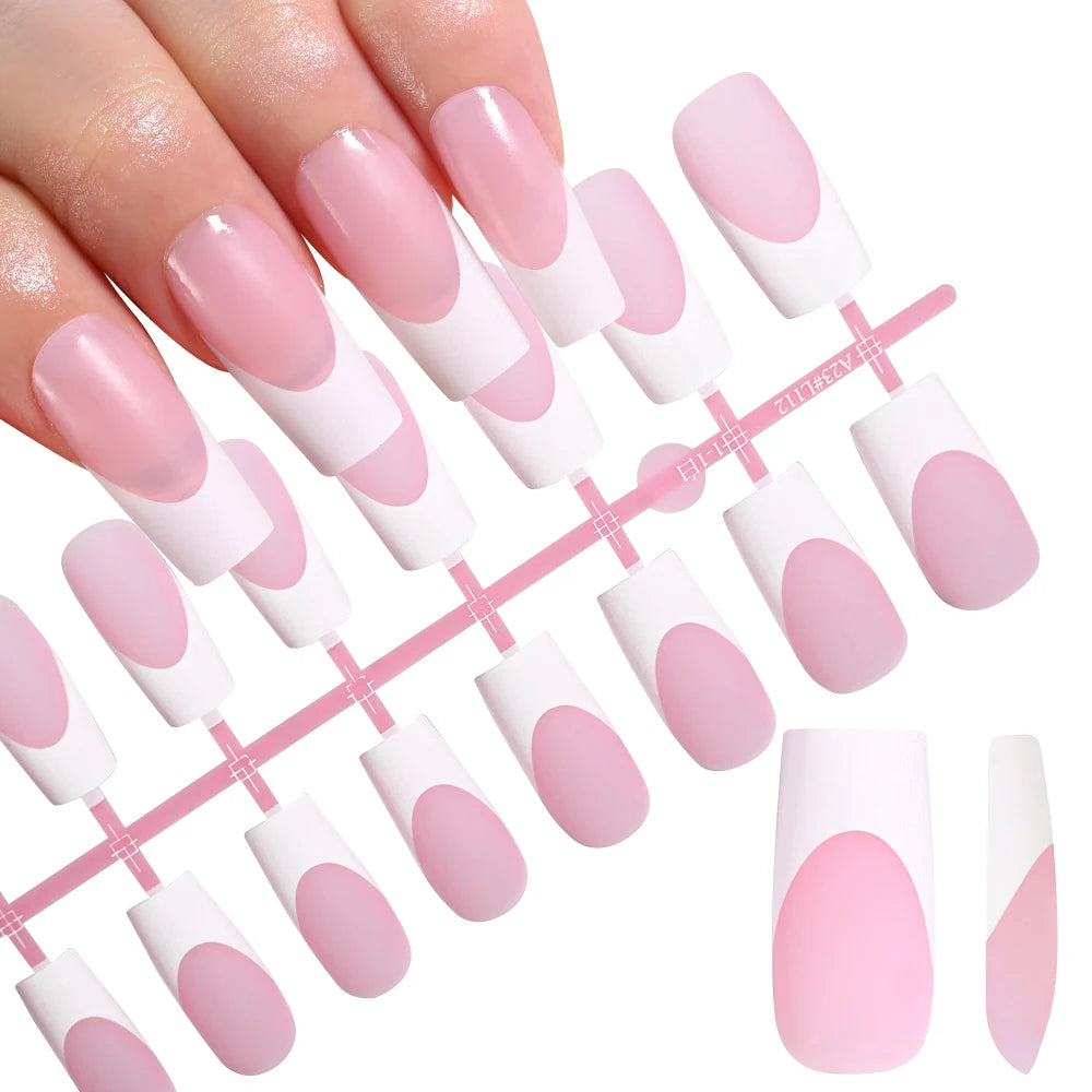 120pcs Pink French Tip Press-On Nails Medium Length Square Shape With Glossy Finish False Nails Full Cover Pre-Shaped Fake Nails--ANDROMEDA QUINNS | AURELLE'S-ANDROMEDA QUINNS | AURELLE'S