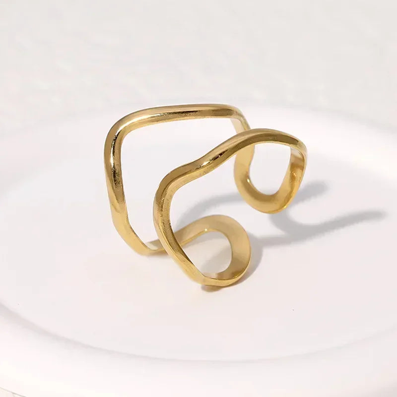 Stainless Steel Irregular Wave Rings for Women Men Creative Gold Color Adjustable Opening Ring Female Statement Jewelry Gifts--ANDROMEDA QUINNS | AURELLE'S-ANDROMEDA QUINNS | AURELLE'S