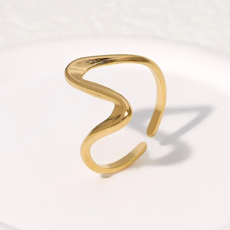 Stainless Steel Irregular Wave Rings for Women Men Creative Gold Color Adjustable Opening Ring Female Statement Jewelry Gifts--ANDROMEDA QUINNS | AURELLE'S-ANDROMEDA QUINNS | AURELLE'S
