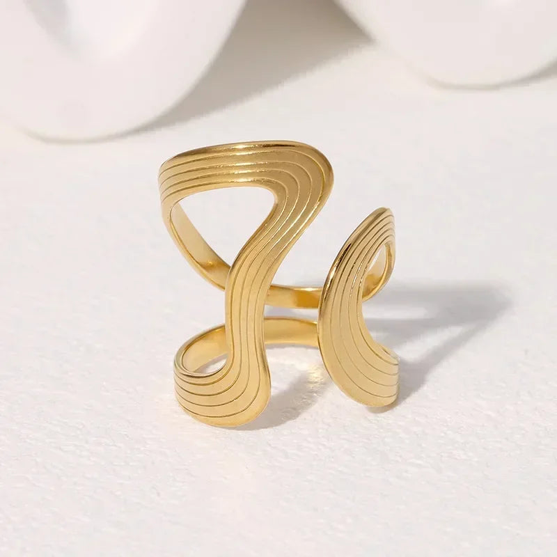 Stainless Steel Irregular Wave Rings for Women Men Creative Gold Color Adjustable Opening Ring Female Statement Jewelry Gifts--ANDROMEDA QUINNS | AURELLE'S-ANDROMEDA QUINNS | AURELLE'S
