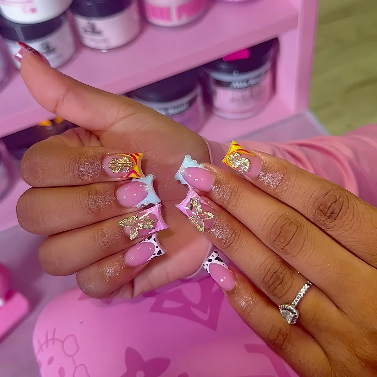 24pcs Nude Pink Sweet Fake Nails Short Duckbill Leopard Print French False Nails With 3D Bowknots Butterfly Cherry Press On Nail--ANDROMEDA QUINNS | AURELLE'S-ANDROMEDA QUINNS | AURELLE'S