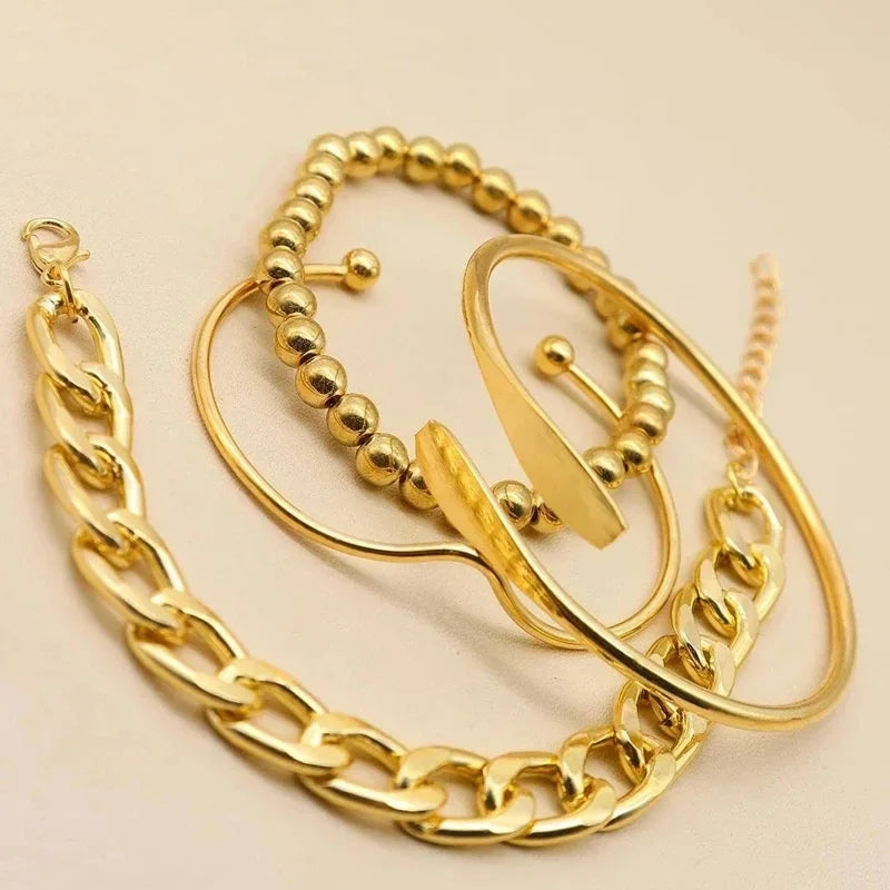 4pcs Punk Curb Cuban Chain Bracelets Set for Women Simple Thick Gold Color Charm Bracelets Fashion Jewelry Accessories New--ANDROMEDA QUINNS | AURELLE'S-ANDROMEDA QUINNS | AURELLE'S