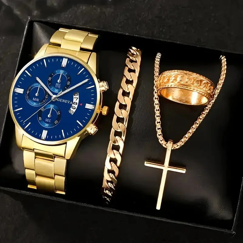 4pcs Luxury Men Business Quartz Watch Gold Alloy Roman with Calendar Wrist Watch Cross Necklace Bracelet Ring Set Men's Gift--ANDROMEDA QUINNS | AURELLE'S-ANDROMEDA QUINNS | AURELLE'S