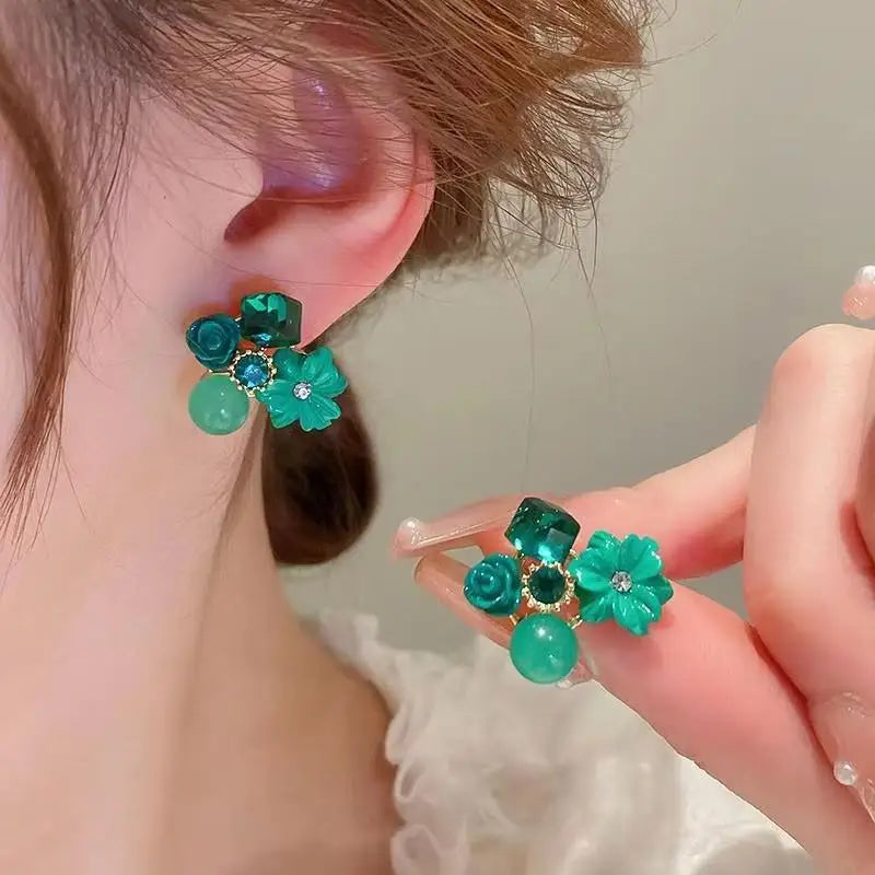 925 Silver Needle Green Flower Earrings For Women Korean Fashion Jewelry 2025 Trending Luxury Zircon Leaf Women's Stud Earrings--ANDROMEDA QUINNS | AURELLE'S-ANDROMEDA QUINNS | AURELLE'S