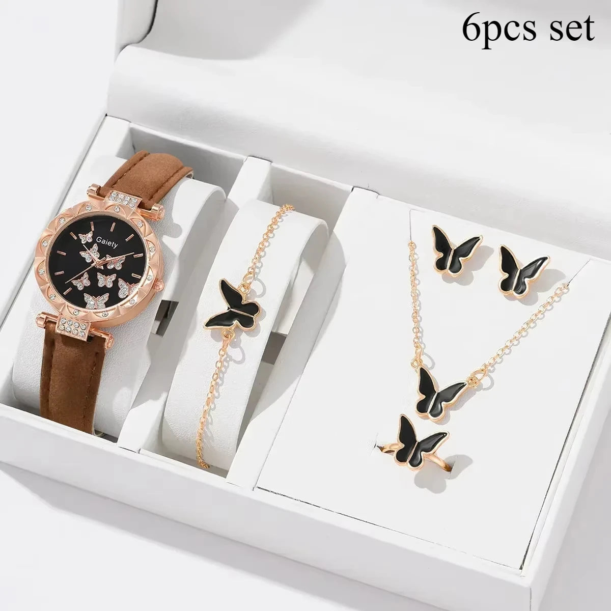 6/1pcs Set Women Watch Ring Necklace Earrings Bracelet Set Watches Butterfly Leather Strap Ladies Quartz WristWatch (No Box)--ANDROMEDA QUINNS | AURELLE'S-ANDROMEDA QUINNS | AURELLE'S
