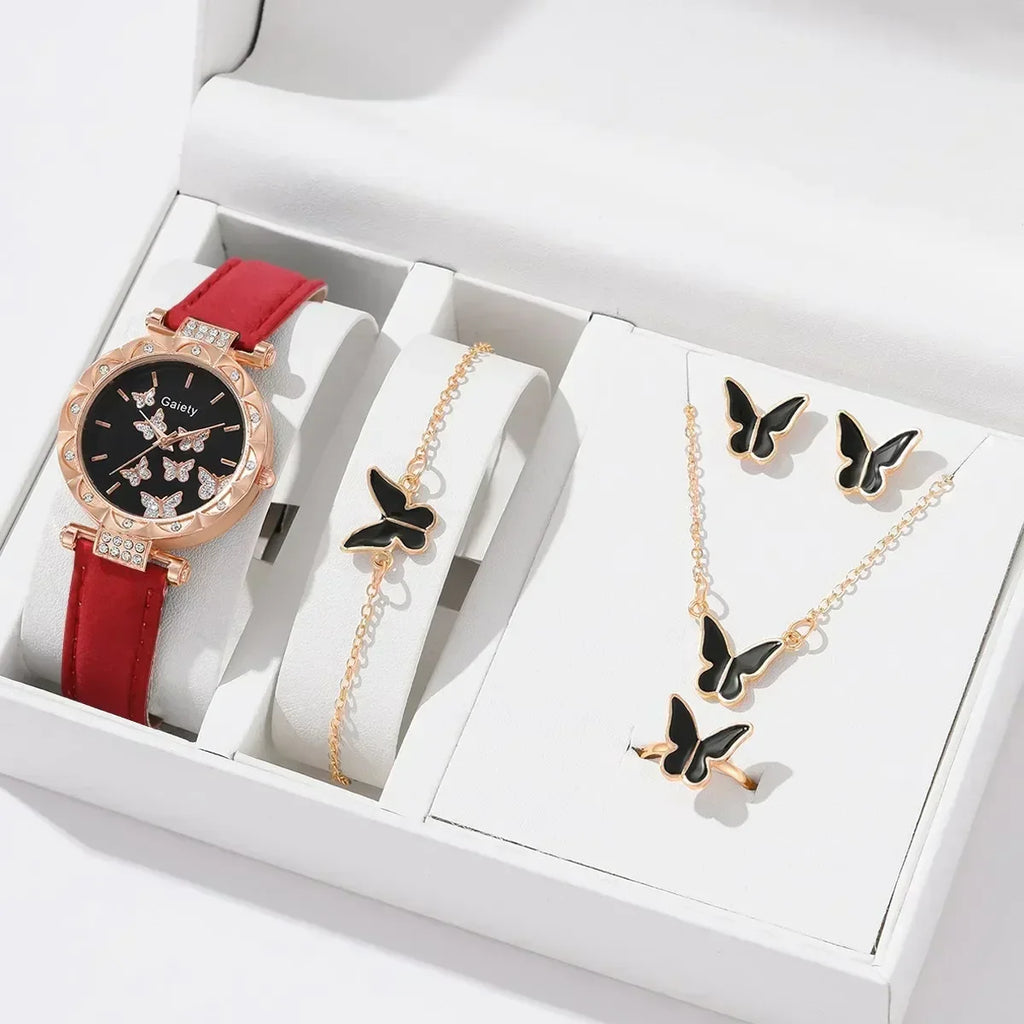6/1pcs Set Women Watch Ring Necklace Earrings Bracelet Set Watches Butterfly Leather Strap Ladies Quartz WristWatch (No Box)--ANDROMEDA QUINNS | AURELLE'S-ANDROMEDA QUINNS | AURELLE'S