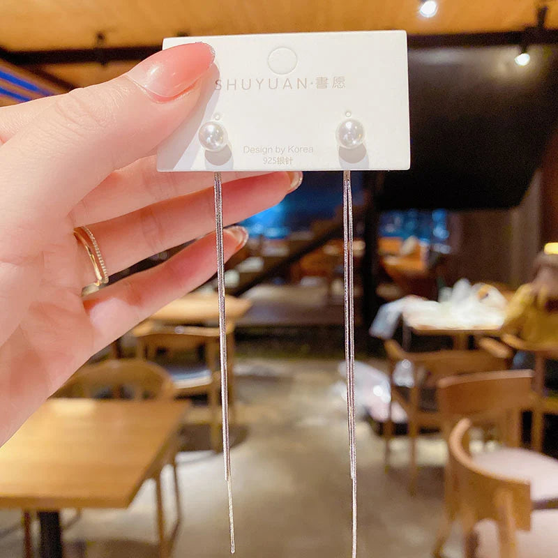 Drop Zircon Long Tassel Earrings Female Rhinestone Wedding Pendant Earrings Party Jewelry Silver Color Fashion Ear Accessories--ANDROMEDA QUINNS | AURELLE'S-ANDROMEDA QUINNS | AURELLE'S