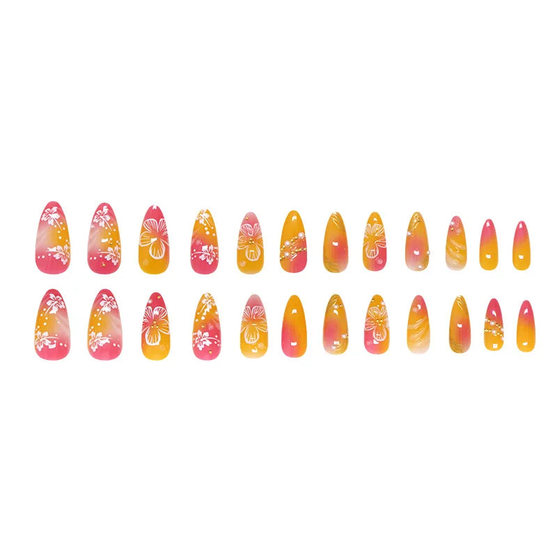 24pcs White Flower Fake Nail Tips Ins Yellow Pink Blush False Nails Wearable Full Cover European Almond Shaped Press on Nails--ANDROMEDA QUINNS | AURELLE'S-ANDROMEDA QUINNS | AURELLE'S