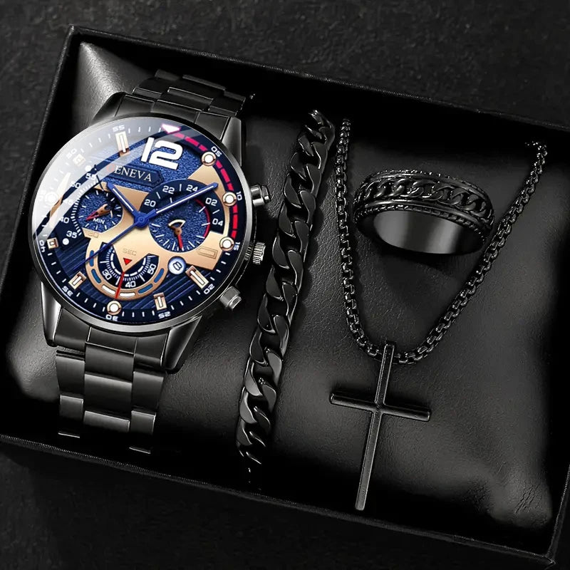 4pcs gold alloy Roman with calendar men's quartz watch and cross necklace bracelet ring set selected gift--ANDROMEDA QUINNS | AURELLE'S-ANDROMEDA QUINNS | AURELLE'S