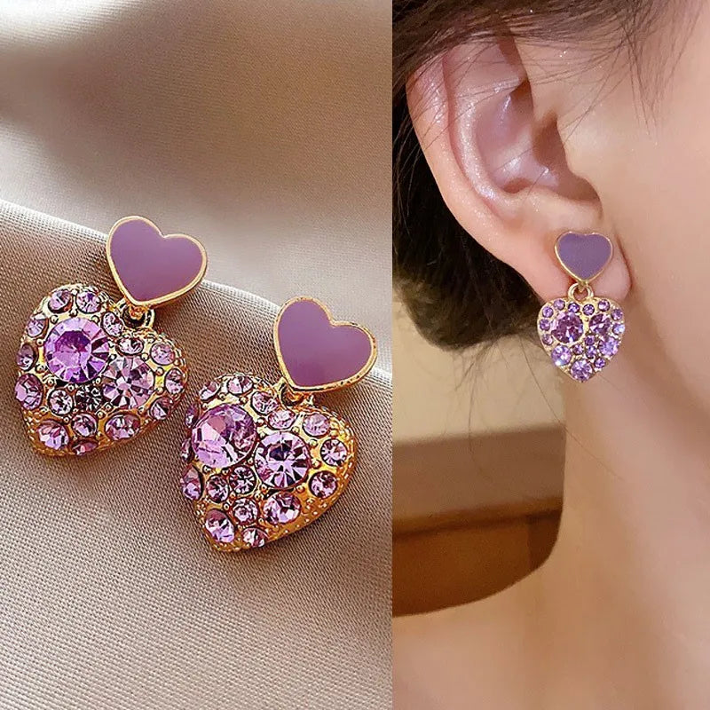 925 Silver Needle Korean Fashion Purple Crystal Heart Drop Earrings For Women Jewelry 2025 Trending New Luxury Women's Earrings--ANDROMEDA QUINNS | AURELLE'S-ANDROMEDA QUINNS | AURELLE'S