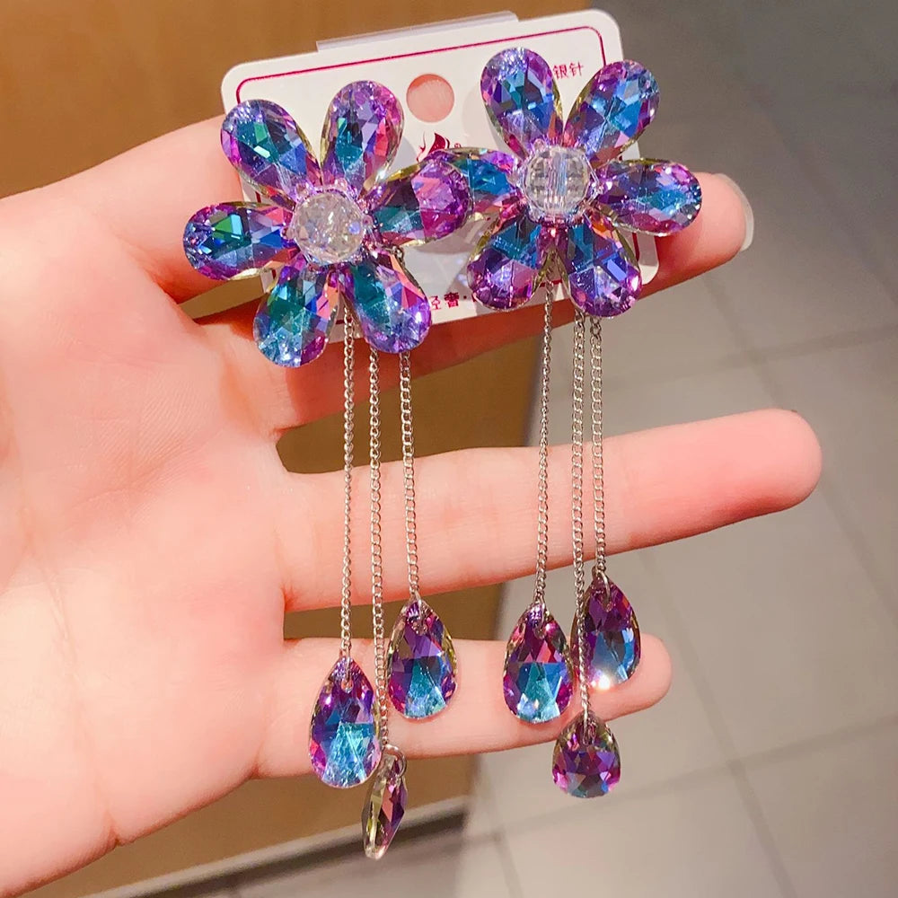 2025 New Colorful Purple Crystal Flower Dangle Drop Earrings for Women Trend Korea Fashion Luxury Wedding Party Banquet Jewelry--ANDROMEDA QUINNS | AURELLE'S-ANDROMEDA QUINNS | AURELLE'S