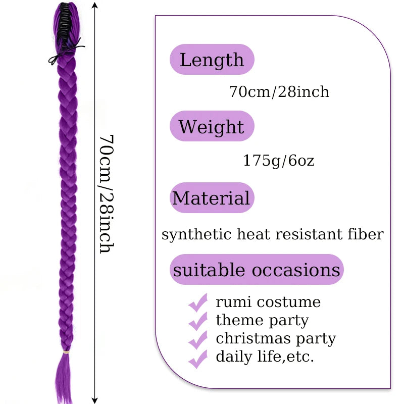 28inch Long Braided Purple Hair Ponytail Extensions Rumi Hairstyle Claw Clip Hair Wig for Kids Costume for Chritmas Theme Party