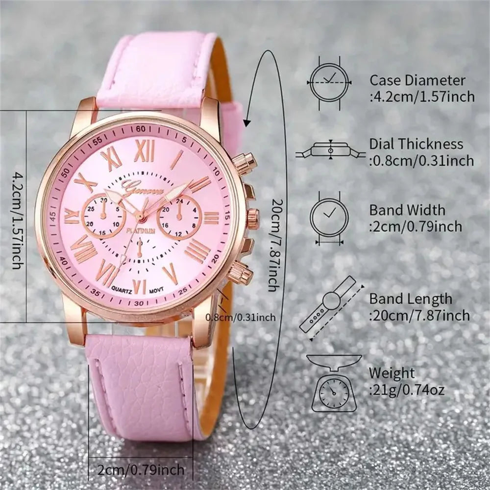 6PCS/Set Fashion Women's Quartz Watch Leather Band Analog Wrist Watches Heart Rhinestone Jewelry Set(Without Box)--ANDROMEDA QUINNS | AURELLE'S-ANDROMEDA QUINNS | AURELLE'S
