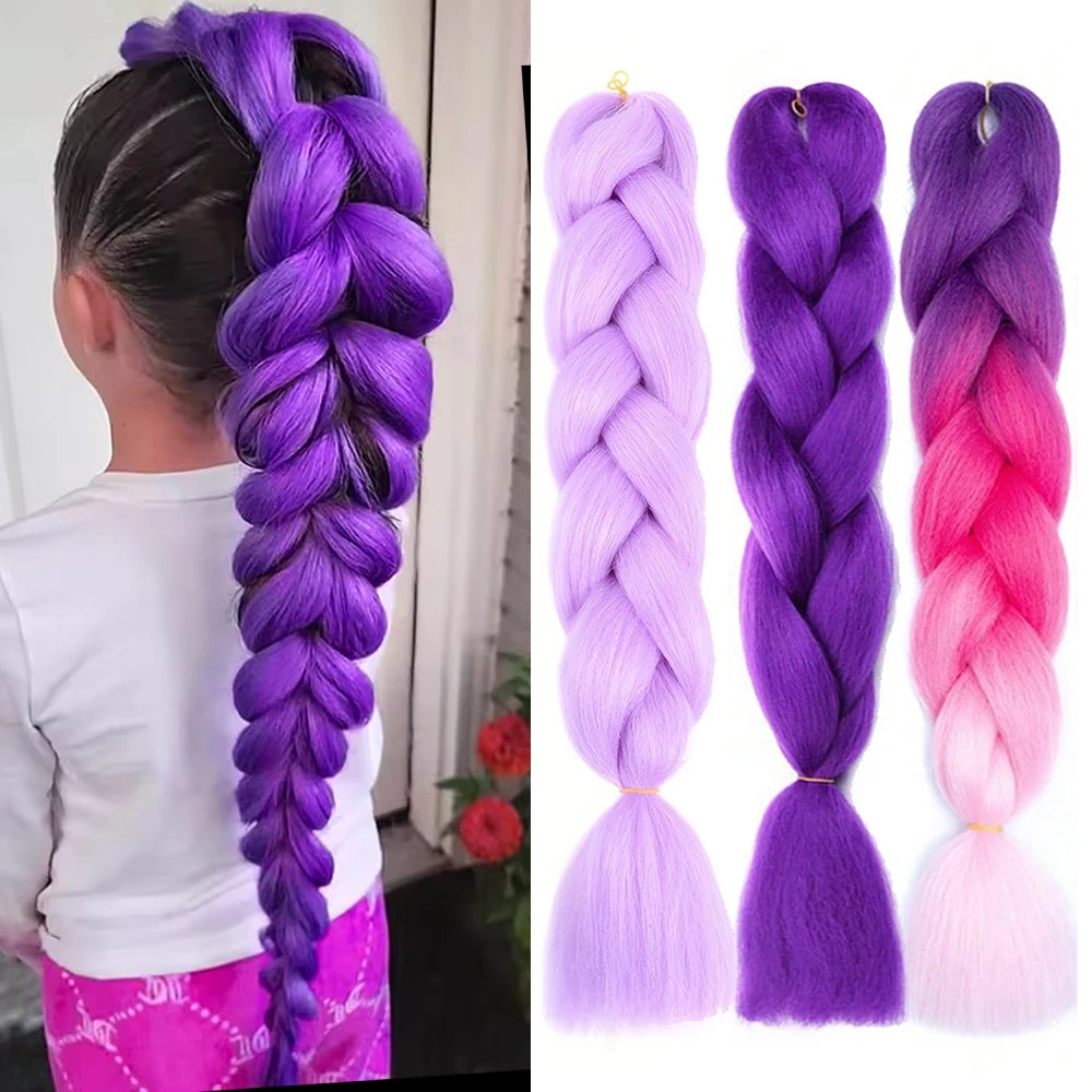 Jumbo Braiding Hair Pre-stretched Purple Hair Extensions for Crochet Braids Synthetic Hair DIY Pink Purple Jumbo Ponytail Braid
