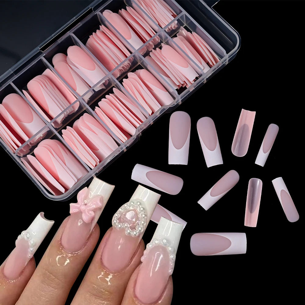 120Pcs/box Matte Pink French Press On Nails Acrylic Long Square Fake Nails Tips Full Cover Women Extension Wearable False Nails---ANDROMEDA QUINNS | AURELLE'S-ANDROMEDA QUINNS | AURELLE'S