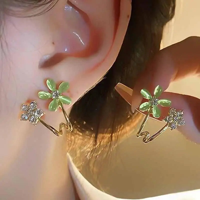 925 Silver Needle Green Flower Earrings For Women Korean Fashion Jewelry 2025 Trending Luxury Zircon Leaf Women's Stud Earrings--ANDROMEDA QUINNS | AURELLE'S-ANDROMEDA QUINNS | AURELLE'S