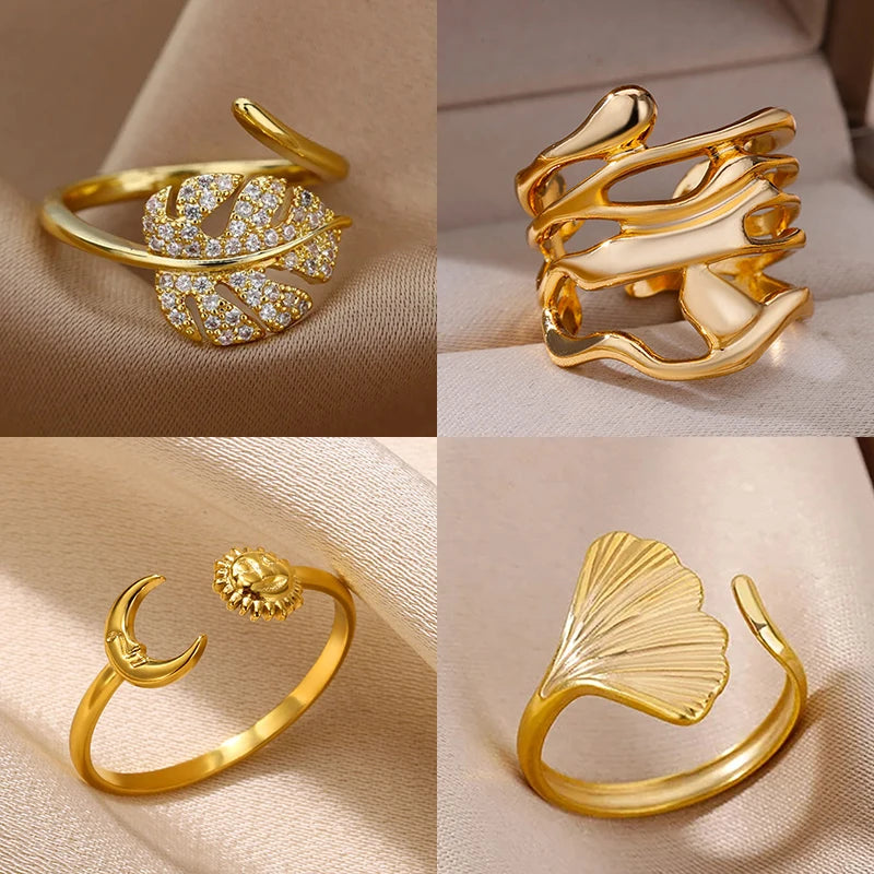 Fashion Palm Leaf Shape Rings For Women Stainless Steel Color Zircon Adjustable Finger Ring Party Jewelry Gift Bijoux Femme--ANDROMEDA QUINNS | AURELLE'S-ANDROMEDA QUINNS | AURELLE'S