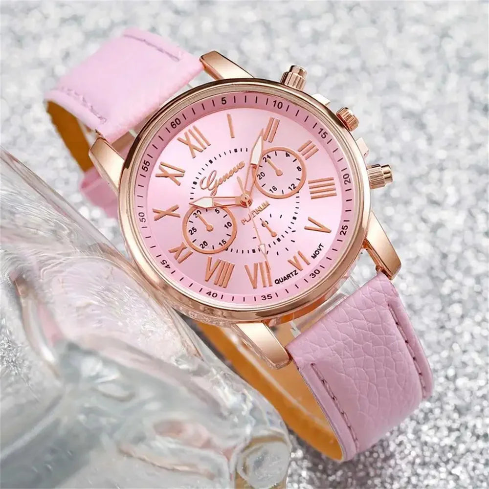 6PCS/Set Fashion Women's Quartz Watch Leather Band Analog Wrist Watches Heart Rhinestone Jewelry Set(Without Box)--ANDROMEDA QUINNS | AURELLE'S-ANDROMEDA QUINNS | AURELLE'S