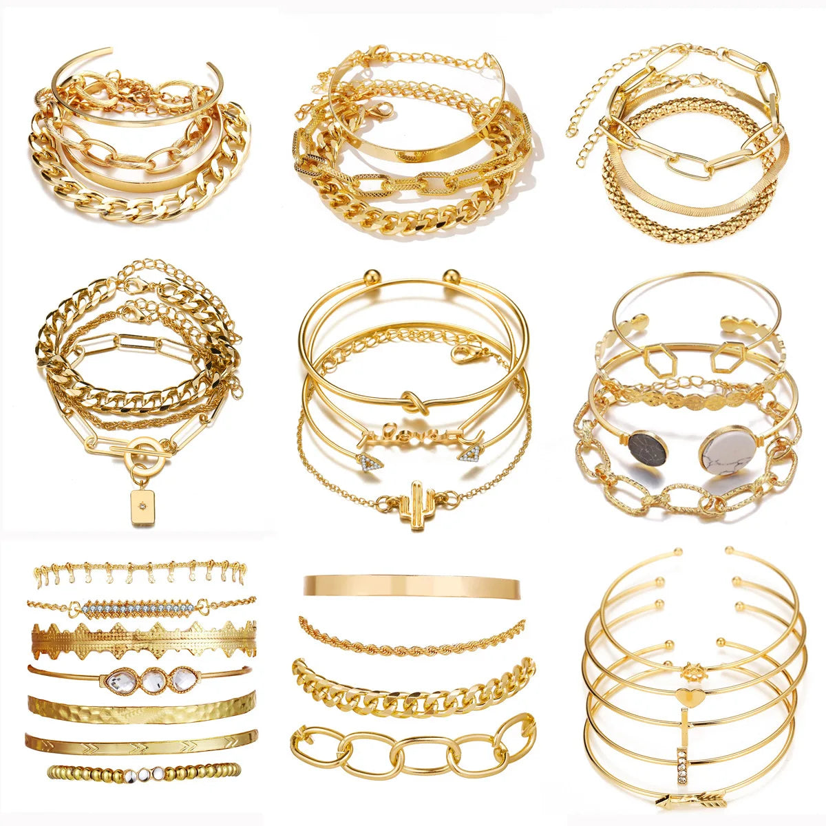 Bohemian Metal Chain Bracelet Set For Women Geometric Gold Color Thick Link Chain Open Bangle Female Fashion Jewelry--ANDROMEDA QUINNS | AURELLE'S-ANDROMEDA QUINNS | AURELLE'S