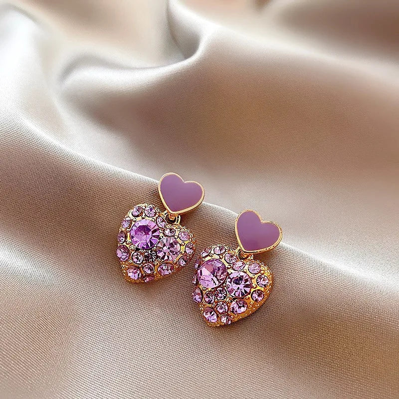 925 Silver Needle Korean Fashion Purple Crystal Heart Drop Earrings For Women Jewelry 2025 Trending New Luxury Women's Earrings--ANDROMEDA QUINNS | AURELLE'S-ANDROMEDA QUINNS | AURELLE'S