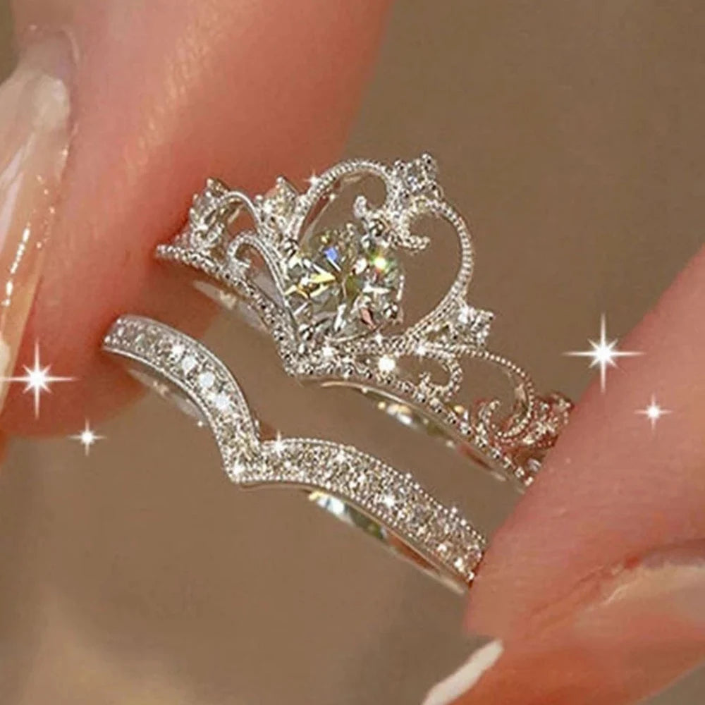 2PCS Fairy Sparkling Crown Rings for Women Teen Crystal Korean Adjustable Silvery Anniversary Gift Party Queen Ring Set Jewelry--ANDROMEDA QUINNS | AURELLE'S-ANDROMEDA QUINNS | AURELLE'S