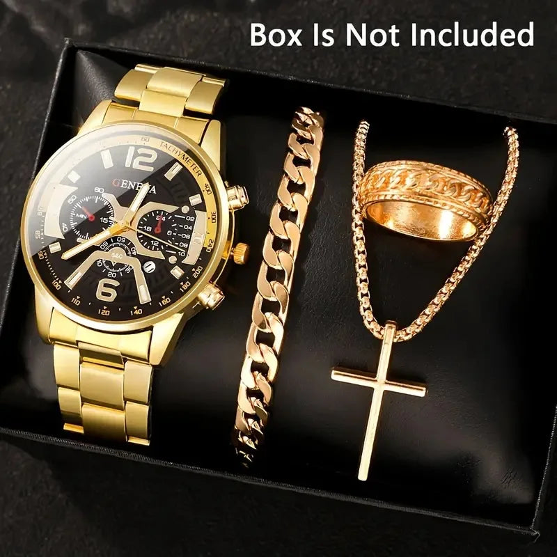 4pcs Luxury Men Business Quartz Watch Gold Alloy Roman with Calendar Wrist Watch Cross Necklace Bracelet Ring Set Men's Gift--ANDROMEDA QUINNS | AURELLE'S-ANDROMEDA QUINNS | AURELLE'S