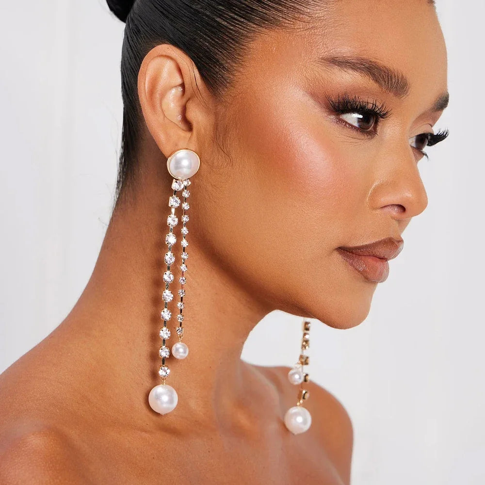 Elegant Pearl Long Tassel Earrings Bohemian for Women Wedding Accessories Fringe Rhinestone Jewelry--ANDROMEDA QUINNS | AURELLE'S-ANDROMEDA QUINNS | AURELLE'S