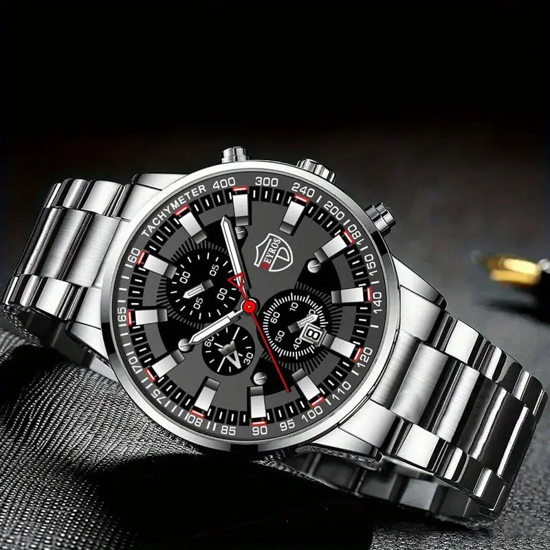 3PCS DEYROS Fashion Mens Calendar Watches Luxury Male Stainless Steel Quartz Wristwatch Men Bracelet Necklace Wrist Watch--ANDROMEDA QUINNS | AURELLE'S-ANDROMEDA QUINNS | AURELLE'S