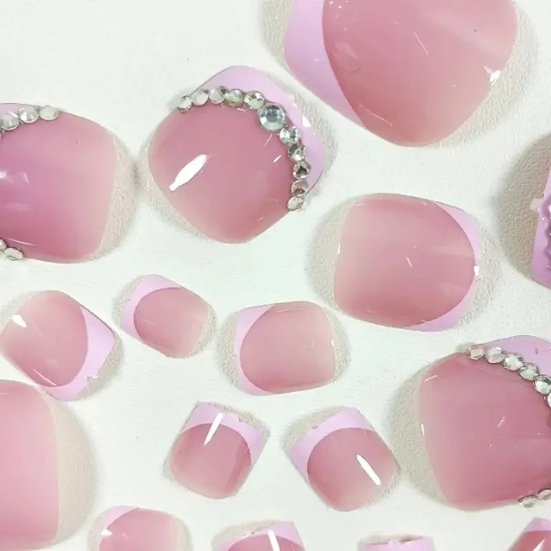 New French False Toe Nails with Heart Rhinestone Design White Edge Summer Press on Toenails Fashion Manicure Fake Toenail Patch--ANDROMEDA QUINNS | AURELLE'S-ANDROMEDA QUINNS | AURELLE'S