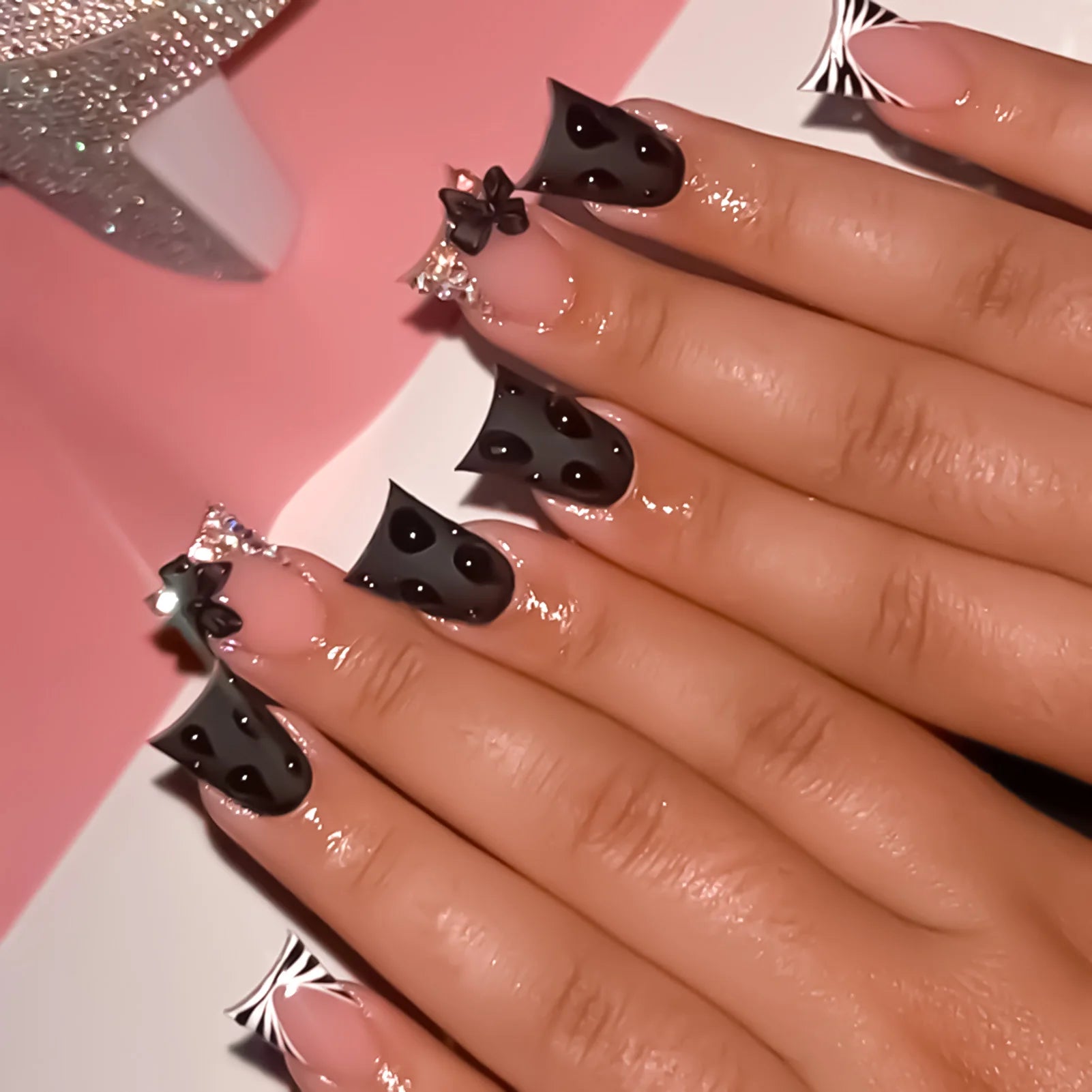 24pcs Nude Pink Sweet Fake Nails Short Duckbill Leopard Print French False Nails With 3D Bowknots Butterfly Cherry Press On Nail--ANDROMEDA QUINNS | AURELLE'S-ANDROMEDA QUINNS | AURELLE'S