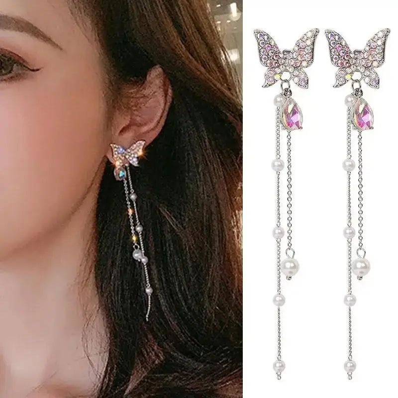 925 Silver Needle Blue Purple Butterfly Long Tassel Earrings For Women Jewelry 2025 Trending New Korean Crystal Drop Earrings--ANDROMEDA QUINNS | AURELLE'S-ANDROMEDA QUINNS | AURELLE'S