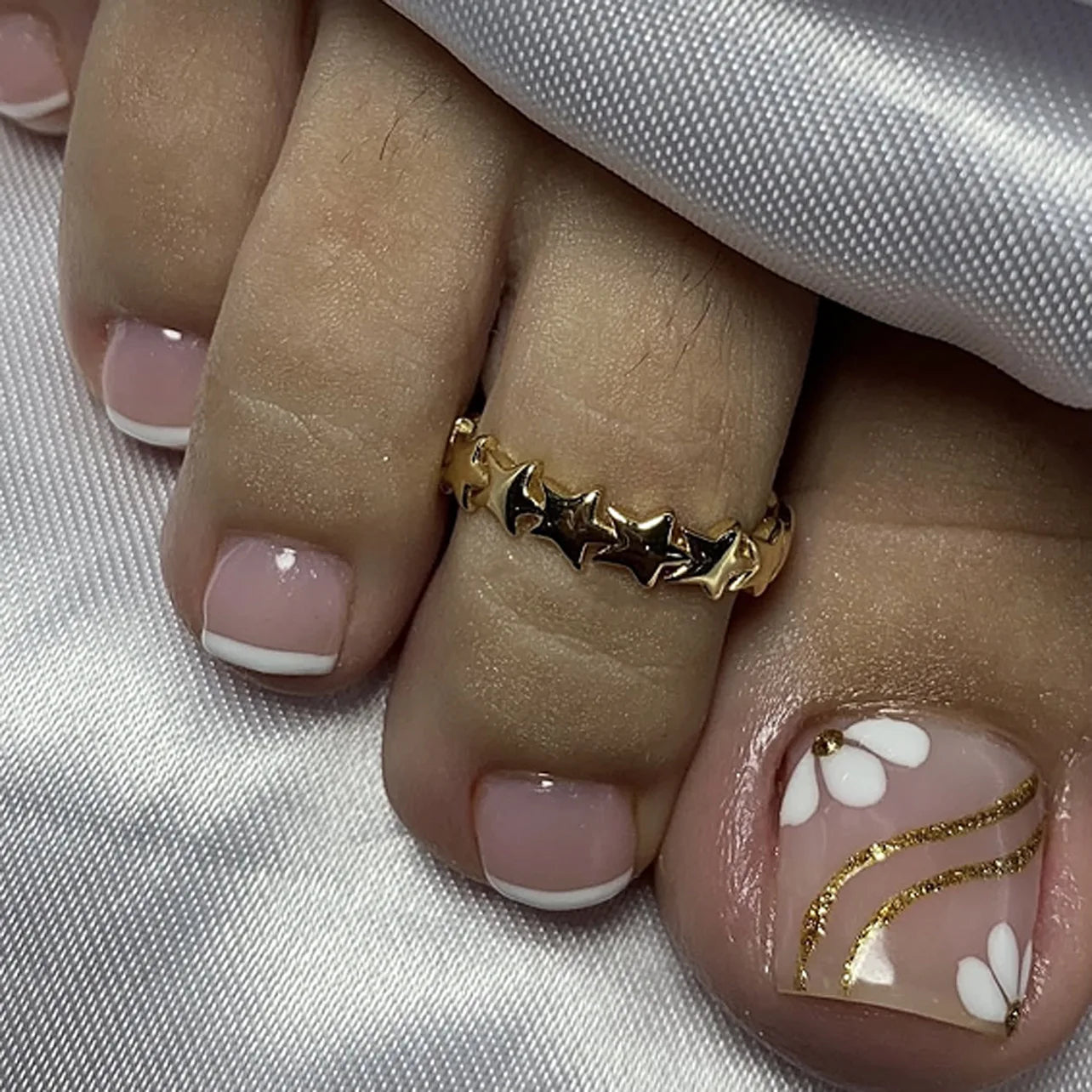 New French False Toe Nails with Heart Rhinestone Design White Edge Summer Press on Toenails Fashion Manicure Fake Toenail Patch--ANDROMEDA QUINNS | AURELLE'S-ANDROMEDA QUINNS | AURELLE'S