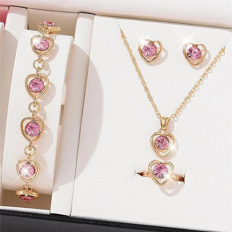 5PCS Set Gold-Color Heart Shaped Jewelry Sets Of Ring Earrings Necklace For Women Elegance Rhinestone Double Heart Jewelry--ANDROMEDA QUINNS | AURELLE'S-ANDROMEDA QUINNS | AURELLE'S
