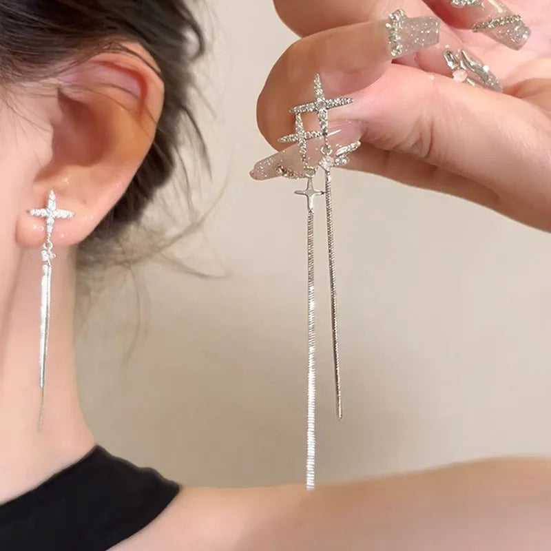 Drop Zircon Long Tassel Earrings Female Rhinestone Wedding Pendant Earrings Party Jewelry Silver Color Fashion Ear Accessories--ANDROMEDA QUINNS | AURELLE'S-ANDROMEDA QUINNS | AURELLE'S