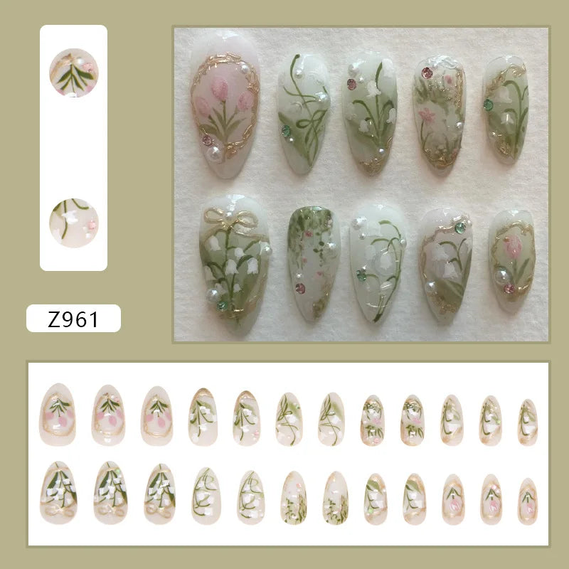 24pcs White Flower Fake Nail Tips Ins Yellow Pink Blush False Nails Wearable Full Cover European Almond Shaped Press on Nails--ANDROMEDA QUINNS | AURELLE'S-ANDROMEDA QUINNS | AURELLE'S