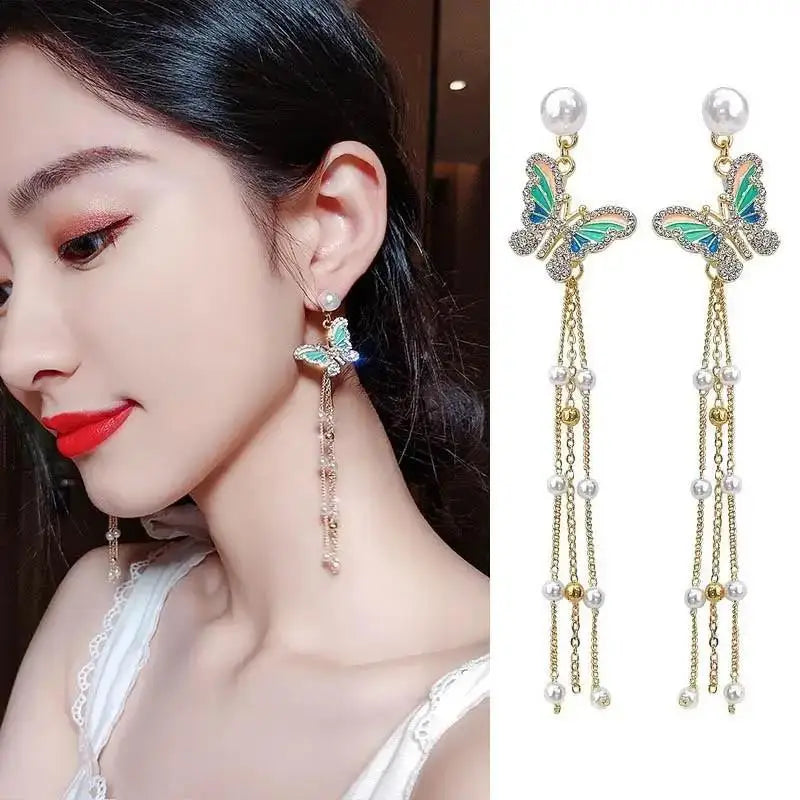 925 Silver Needle Blue Purple Butterfly Long Tassel Earrings For Women Jewelry 2025 Trending New Korean Crystal Drop Earrings--ANDROMEDA QUINNS | AURELLE'S-ANDROMEDA QUINNS | AURELLE'S