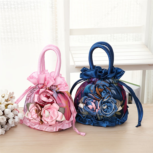 Floral Decor Drawstring Handbag, Trendy Small Evening Bag, Simple Phone Bag, Cute Bucket Bag--ANDROMEDA QUINNS | AURELLE'S-ANDROMEDA QUINNS | AURELLE'S